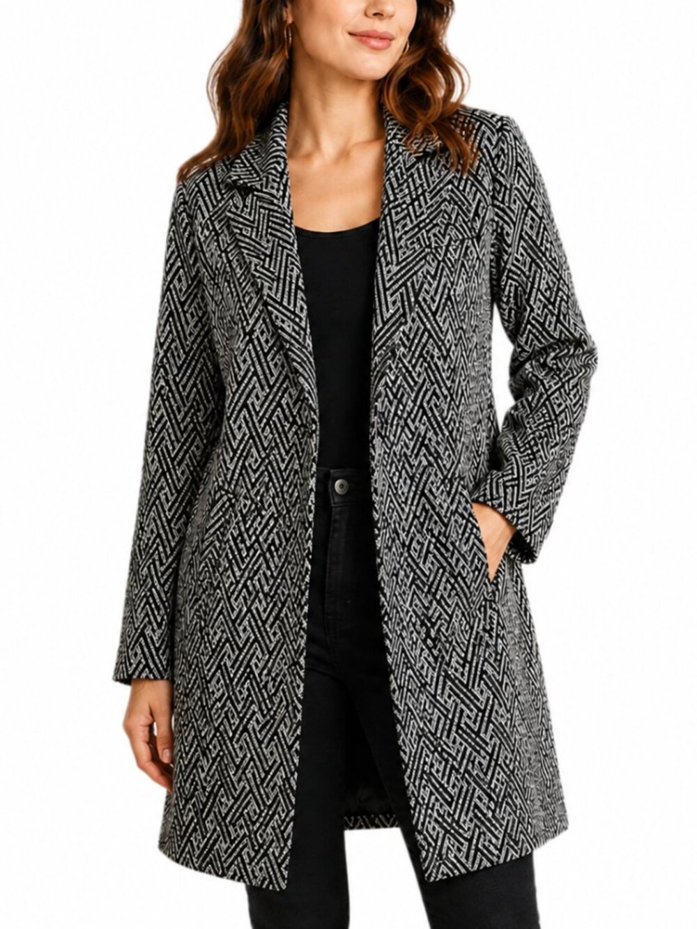Chicos Black and Gray Open Front Stripe Weave Blazer